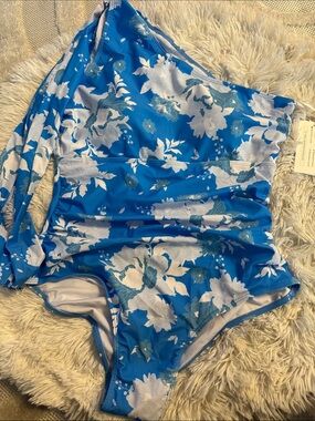 Grace Karin Blue and White One-Shoulder Floral One-Piece Swimsuit